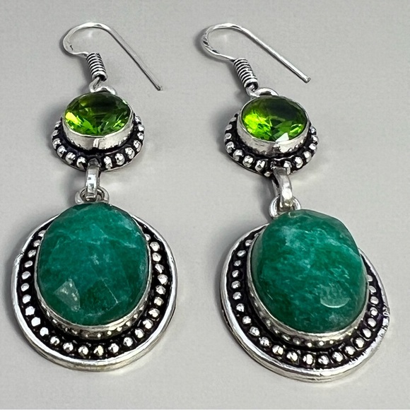 New Faceted Enhanced Green Emerald Stone and Sim Peridot Silver Overlay Earrings - Picture 4 of 7